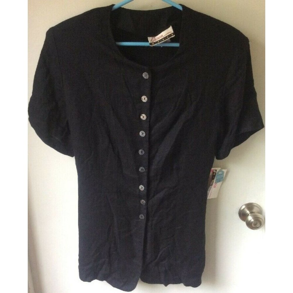 Vintage Diana Marco Flax blend Button down blouse tunic Black size 16 new